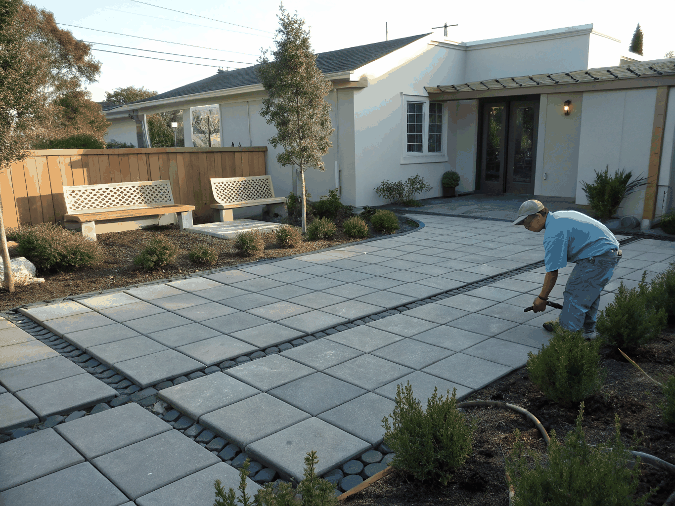 Eco-friendly terraced hardscape with permeable pavers