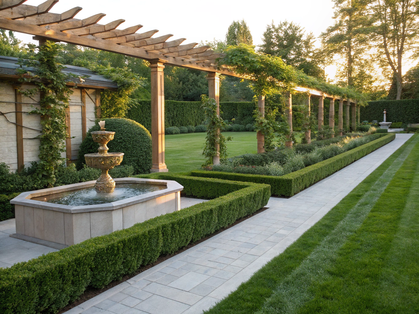 Low maintenance garden with various evergreen shrubs