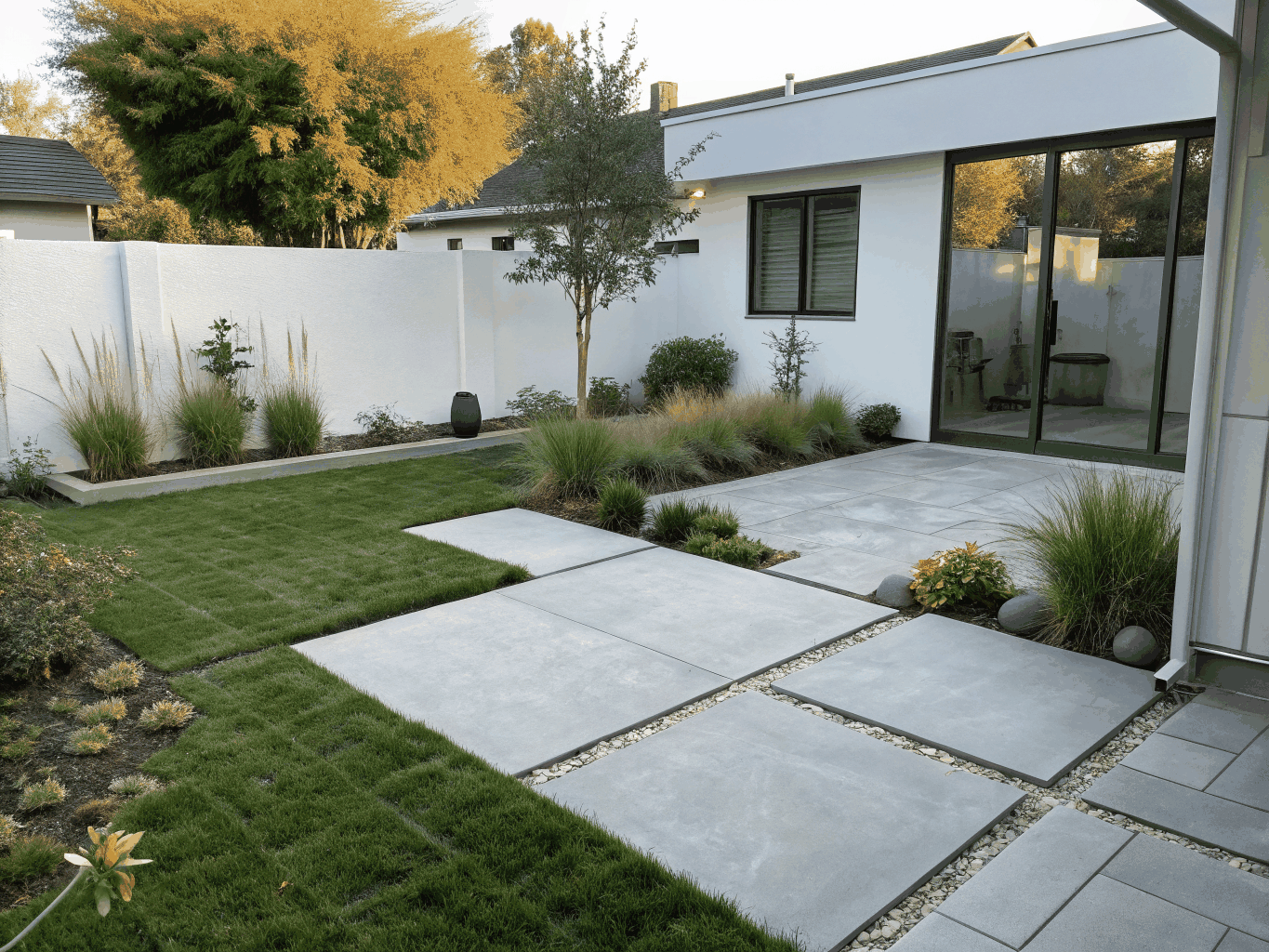 Modern minimalist backyard with concrete pavers and structured grass